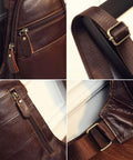 Close-up of Genuine Leather Sling Backpack for Men and Women with zipper closure and adjustable strap details in brown cowhide leather