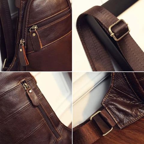 Close-up of Genuine Leather Sling Backpack for Men and Women with zipper closure and adjustable strap details in brown cowhide leather