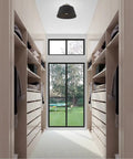 One Light Brushed Nickel Ceiling Mount Fixture With Black Accents in modern closet space.