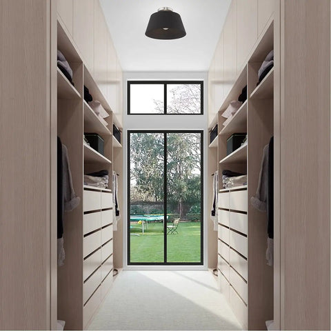 One Light Brushed Nickel Ceiling Mount Fixture With Black Accents in modern closet space.