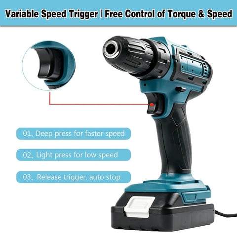 Close-up of variable speed trigger on Top Notch Brushless Cordless Drill Set for free control of torque and speed.