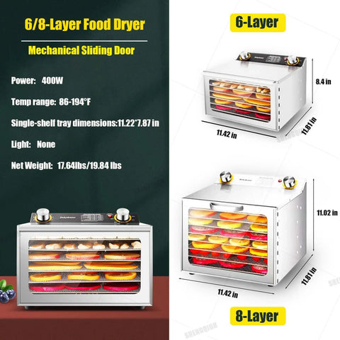 Heavy Duty Stainless Steel Beef Jerky Maker And Electric Food Dehydrator With Smart Digital Timer displayed with 6 and 8-layer trays.