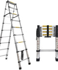 8.53 Ft A Frame Aluminum Telescoping Ladder With 9 Plus 9 Steps Silver Built Tough Like A Workhorse For Home Projects Holds Up To 330 Lb Lightweight And Sturdy For Garage Roof And Loft Tasks. folded and extended silver ladder on white