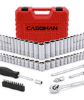 Beefy 1/4 Inch Drive Master Socket Set With Ratchets, Adapters, Extensions, And Bits, Inch And Metric, 6-Point in red case