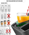 Ultimate Sofa Tray Caddy With Armrest Table, Phone Holder, Remote Organizer And Snack Storage, Gyro Stabilized Cup Holder For Living Rooms, RVs, And Cars Black And Green showing self-balancing cup holder with glass sizes.