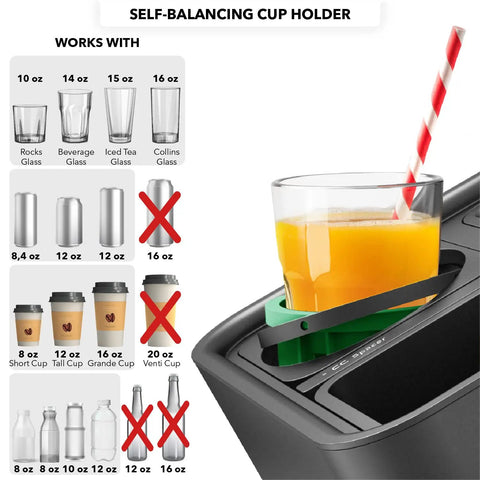 Ultimate Sofa Tray Caddy With Armrest Table, Phone Holder, Remote Organizer And Snack Storage, Gyro Stabilized Cup Holder For Living Rooms, RVs, And Cars Black And Green showing self-balancing cup holder with glass sizes.