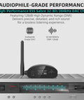 DS500 Hi-Res Bluetooth 5.3 Receiver With Audiophile 32-Bit 384kHz DAC on a stereo system, highlighting ESS DAC features