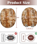 Round Grunge Rusty Effect Wood Toilet Seat with dimensions, showing size comparison between round and elongated designs.