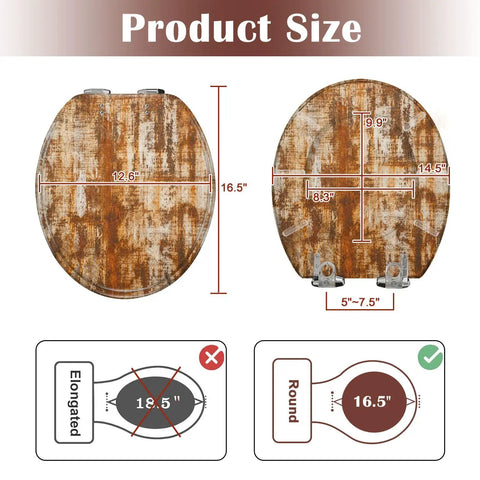 Round Grunge Rusty Effect Wood Toilet Seat with dimensions, showing size comparison between round and elongated designs.