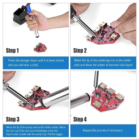 Step-by-step use of the 7 Piece Solder Aid Tool Kit For DIY PCB Desoldering And Circuit Board Repair Includes Solder Sucker Desoldering Pen Tin Lead Tips Cleaning Brushes And Replacement Parts For Precise Welding And Cleanup.