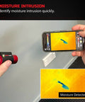 Thermal Wireless Imaging Camera with 640x480 TISR Resolution detecting moisture on a wall via smartphone app.