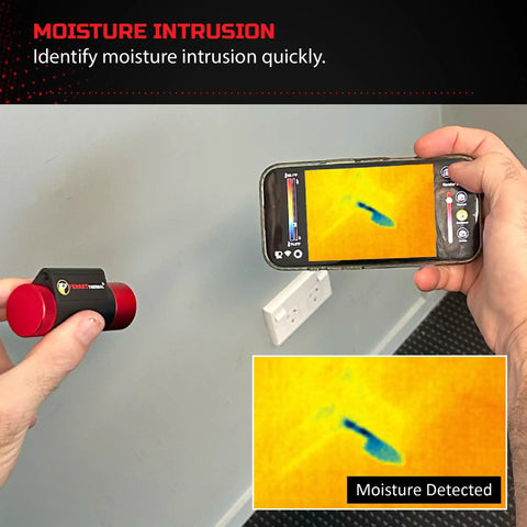 Thermal Wireless Imaging Camera with 640x480 TISR Resolution detecting moisture on a wall via smartphone app.