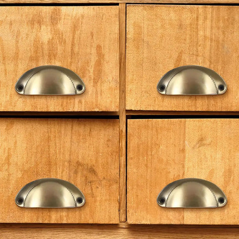 Vintage 16 Piece Cabinet Handles Set With Half Round Shell Drawer Pulls In Brass Tone on wooden drawers