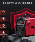 135A MIG Welder Workhorse with 110V power and large LED display featuring safety protections on a rocky surface