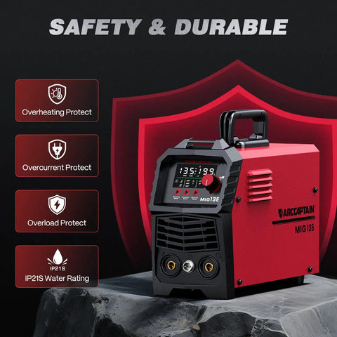 135A MIG Welder Workhorse with 110V power and large LED display featuring safety protections on a rocky surface