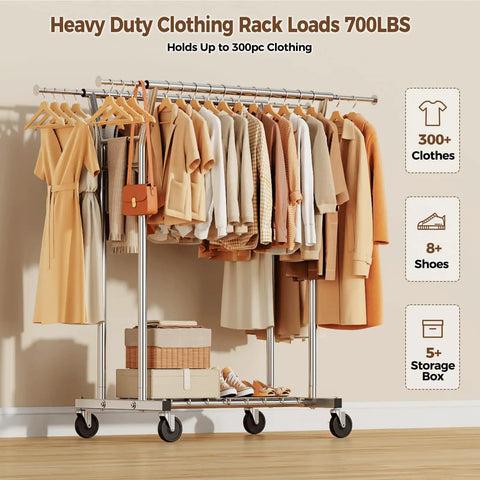 Heavy Duty Rolling Closet Rack With Bonus Shelf Space Holds Up To Seven Hundred Pounds Built Tough Steel Bar Smooth Gliding Wheels And Rock Solid Base For Home Or Boutique Silver