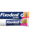Tube and box of Fixodent Ultra Max Hold Denture Adhesive Two Point Two Ounce Size All Day Strong Seal That Keeps Food