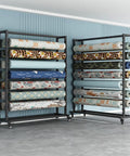 Heavy Duty Mobile Fabric Roll Storage Rack On Casters, Adjustable 18 Rod Organizer For Vinyl Leather And Window Film, Built Tough To Store Every Big Roll Secure with multiple rolls of patterned fabric.