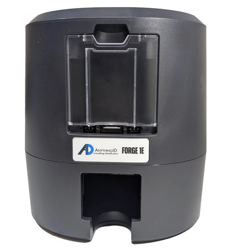 Ready To Roll Dual Sided Id Card Printer System With Hd Webcam, Plug And Play Management Software Bundle, Includes One Hundred Pvc Badge Cards And Full Color Ribbon, Made In Usa - Front view of the FORGE 1E printer.