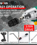Electric wrench compatible with 11 Piece Three Eighths Inch Drive Impact Socket Set With SAE Pipe Plug Sockets shown.