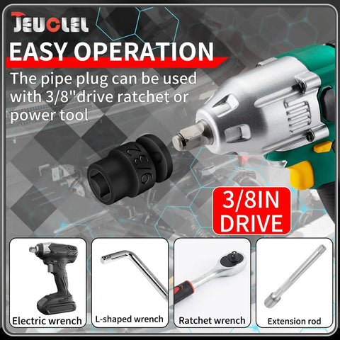 Electric wrench compatible with 11 Piece Three Eighths Inch Drive Impact Socket Set With SAE Pipe Plug Sockets shown.