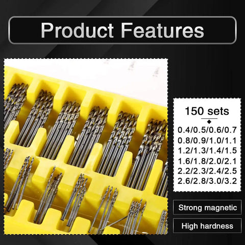 Mini Twist Drill Bit Kit 150 Pc HSS Micro Precision Set in yellow case, various sizes for PCB jewelry crafts