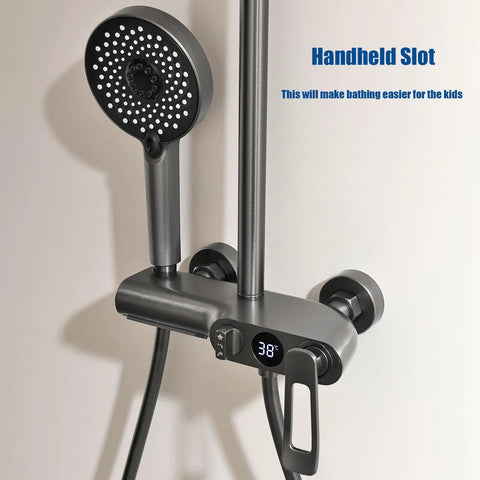 RIBEUJIZS Shower System, 10inch/25cm Round Rain Shower Set, chrome handheld shower head with digital display and mount.