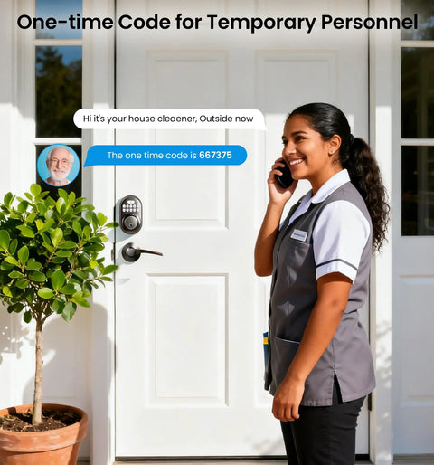Keyless Entry Door Lock With 2 Lever Handles Electronic Keypad Deadbolt Auto Lock Backlit Keypad No Fuss Install Anti Peep Codes 20 Permanent PINs For Family And Guests Oil Rubbed Bronze Front Door Handle Set installed on white door, woman using phone