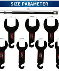 Pneumatic Fan Clutch Wrench Kit, 8 Piece Driving Wrenches Set With Sizes 32mm 36mm 40mm 47mm Seven Eighths Inch One And Seven Eighths Inch Two Inches 17 Inch Handle Compatible With Ford GM Chrysler Jeep Trucks 4.3L 5.0L 5.7L showing layout and sizes of wrenches.