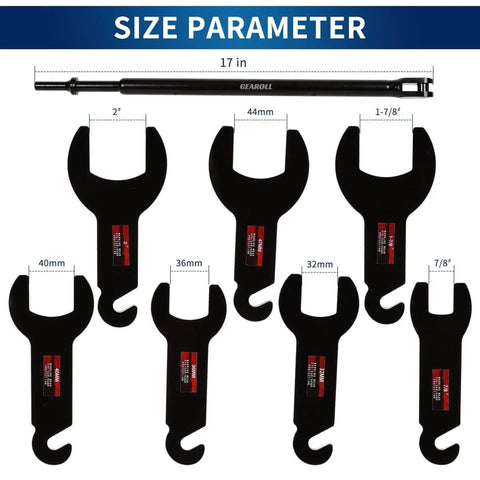 Pneumatic Fan Clutch Wrench Kit, 8 Piece Driving Wrenches Set With Sizes 32mm 36mm 40mm 47mm Seven Eighths Inch One And Seven Eighths Inch Two Inches 17 Inch Handle Compatible With Ford GM Chrysler Jeep Trucks 4.3L 5.0L 5.7L showing layout and sizes of wrenches.