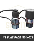 Two black 1/2-inch ISO 16028 flat-face hydraulic dust caps and plug covers
