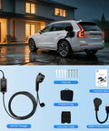 Level 2 Ev Charger With 40 Amp 240V Juice For Quick Hookups And A Heavy Duty 25 Ft Cord charging an electric vehicle at night.