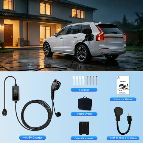 Level 2 Ev Charger With 40 Amp 240V Juice For Quick Hookups And A Heavy Duty 25 Ft Cord charging an electric vehicle at night.