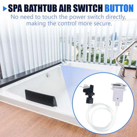 Image of 16A On Off Push Button Switch for Whirlpool Jets Bath Tub Spa Air Switch Replacement in black next to a bathtub.