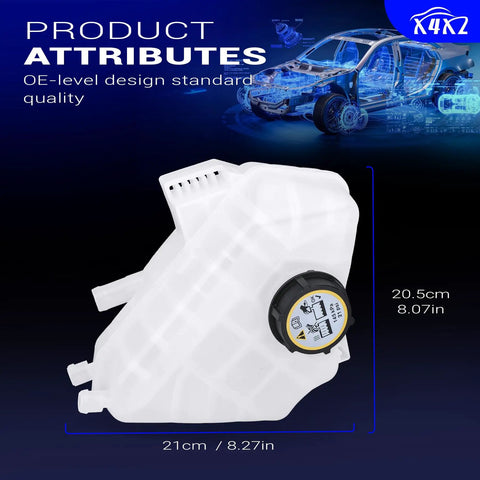 Aftermarket Coolant Reservoir Tank With Factory Style Cap For 2011 Through 2019 Ford Fiesta 1.0L And 1.6L side view showing dimensions.