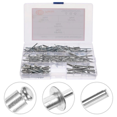140pc Aluminum Blind Rivet Kit With Open End Pop Rivets Smooth Dome Heads Long Grip Fasteners shown in a plastic case