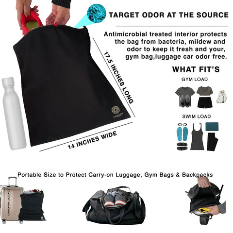 Antimicrobial Wet Gym Clothes Bag With Silver Ion Odor Control waterproof and stain resistant duffle, dimensions 14x17.5 inches