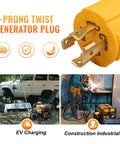 Game Changer Generator Power Adapter Converts Live 30 Amp Nema L14 30 Inlet showing 4-prong twist generator plug for EV charging.