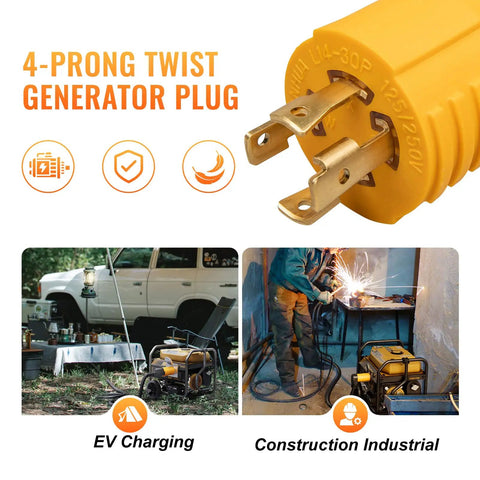 Game Changer Generator Power Adapter Converts Live 30 Amp Nema L14 30 Inlet showing 4-prong twist generator plug for EV charging.
