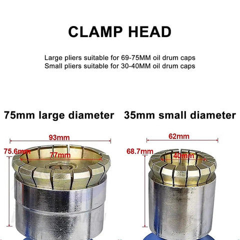 Clamp head for 69-75mm and 30-40mm lids, showing two sizes for the Top Rated Electric Drum Sealer Crimping Tool.