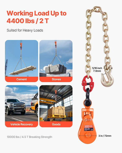 Beefed-Up 2-Ton Snatch Block With G80 Chain And Swivel Shackle, 3 Inch Sheave For 3/8 Inch Wire Rope, Heavy Duty Pulley For Towing And Recovery On Flatbed Tow Trucks Rollbacks And Wreckers, with 5/16 inch chain and orange pulley