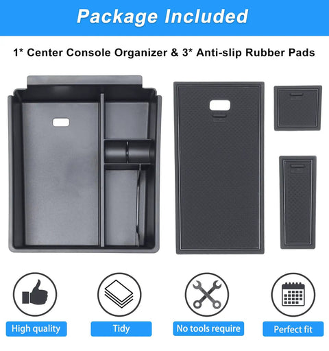 Center Console Tray Organizer For 2022 Through 2024 Hyundai Tucson Limited And Hybrid SEL With Push Button ABS Armrest Insert Secondary Storage Box And Black Non Slip Pad layout