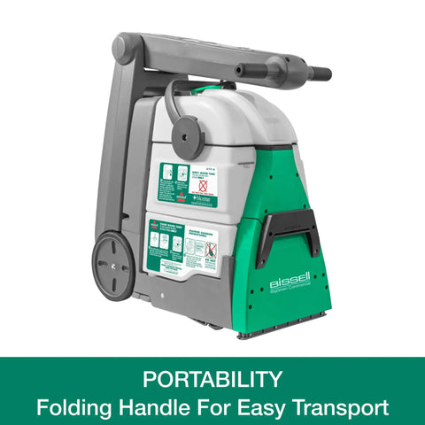 Side view of BigGreen Commercial BG10 Deep Cleaning Two Motor Carpet Extractor Machine With Dual Large Water Tanks, foldable handle shown