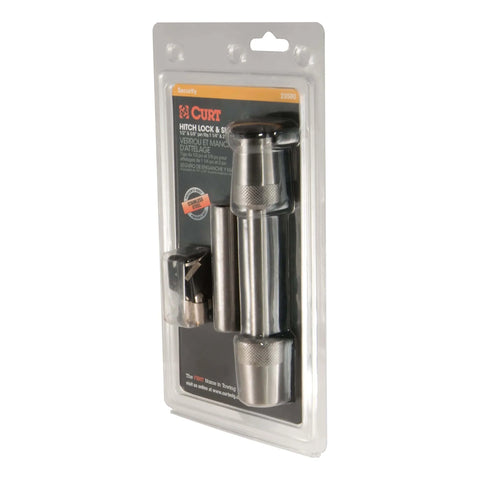 Packaged Stainless Steel Trailer Hitch Lock With One Half Inch Pin Diameter And Five Eighths Inch Adapter Fits One And One Quarter Or Two Inch Receiver For Secure Theft Proof Protection And Easy Operation With Barbell Style Locking Pin