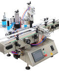 Slick Automatic Desktop Labeler With Heavy Duty Chain Conveyor Fast Track Setup For Round Square Bottles High Throughput Packaging System No Sweat Loading Smooth Labeling For Liquids Lotions And Merchandise 110V shown from top angle with detailed conveyor system.