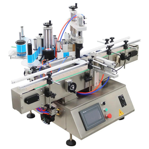 Slick Automatic Desktop Labeler With Heavy Duty Chain Conveyor Fast Track Setup For Round Square Bottles High Throughput Packaging System No Sweat Loading Smooth Labeling For Liquids Lotions And Merchandise 110V shown from top angle with detailed conveyor system.