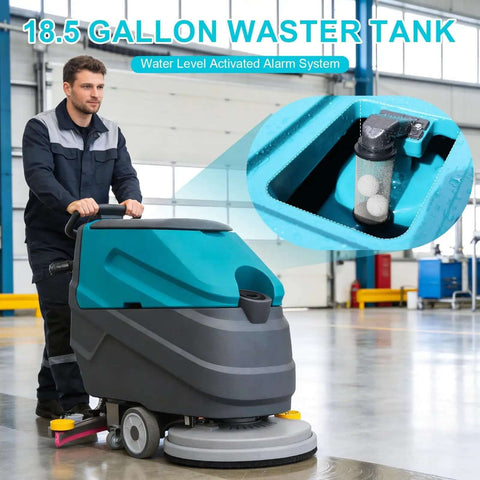 Powerful Walk Behind Floor Scrubber Polisher Dryer That Dries Floors Fast, 18.5 Gallon Tank shown in commercial setting
