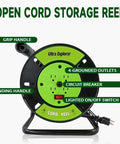 Heavy Duty Extension Cord Storage Reel With Four Grounded Outlets Pro Grade Portable Hand Crank Cord Roller For 12-3 14-3 16-3 Green