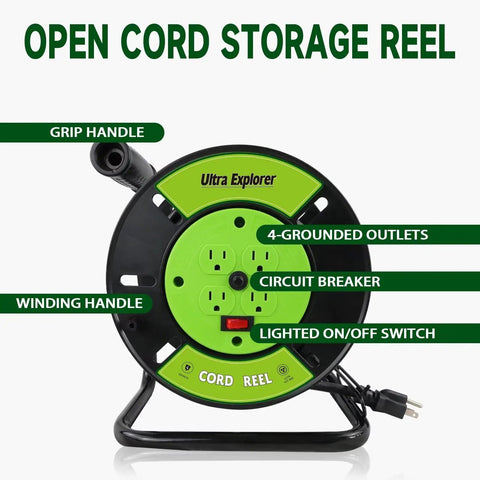 Heavy Duty Extension Cord Storage Reel With Four Grounded Outlets Pro Grade Portable Hand Crank Cord Roller For 12-3 14-3 16-3 Green
