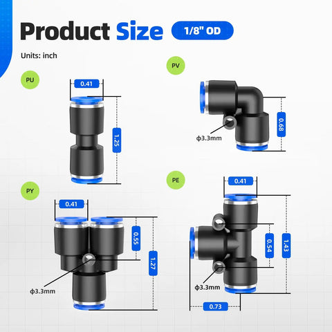 Diagram of 40 Piece Quick Connect Air Hose Fittings Kit One Eighth Inch OD Push To Connect Pneumatic Fittings with measurements.